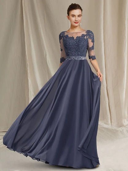 Elegant A-Line Mother of the Bride dress with jewel neck, half sleeves, and crystal appliques.