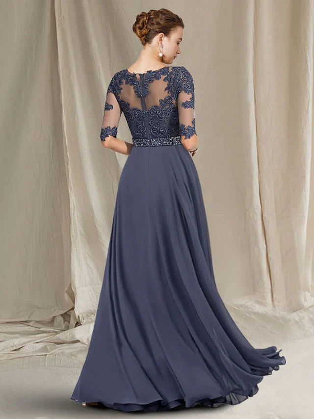 Side view of A-Line Mother of the Bride dress, highlighting chiffon and lace fabric.