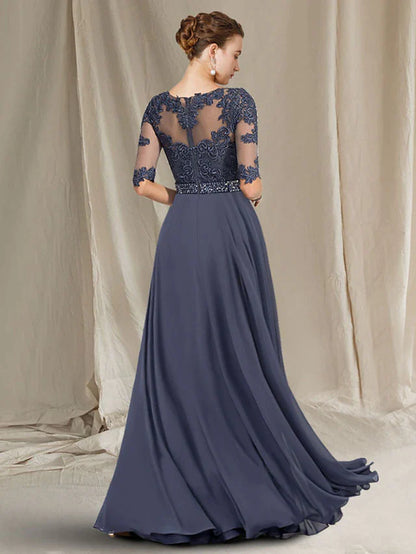 Side view of A-Line Mother of the Bride dress, highlighting chiffon and lace fabric.