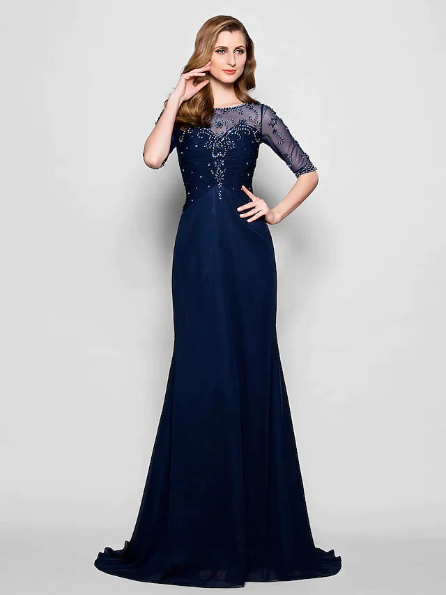 Full view of the A-line mother of the bride dress with jewel neck and half sleeves.