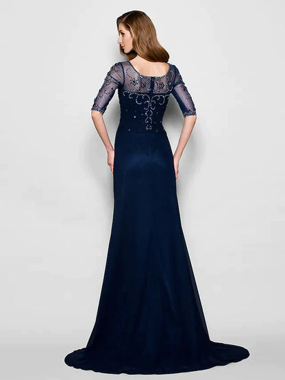 Close-up of the ruched chiffon bodice and crystal beading on the dress.