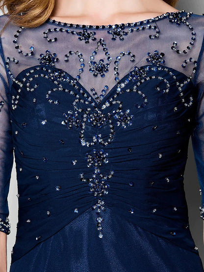 Back view of the elegant A-line dress, highlighting the tulle overlay.