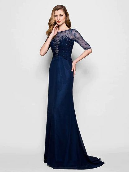 Detail of the sheer half sleeve and jewel neckline of the formal dress.