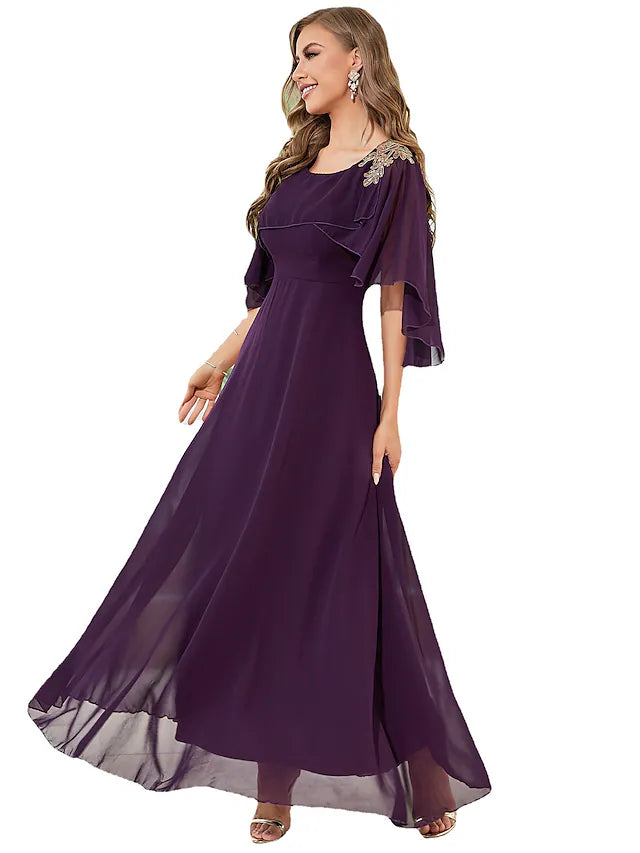 Back view of an A-line floor-length dress with ruffled details.