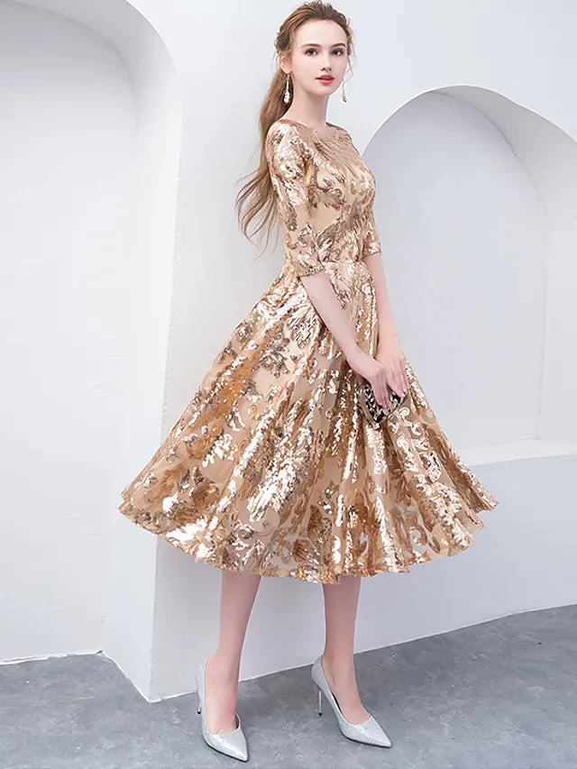 Close-up of the sequined fabric and jewel neckline of the elegant half-sleeve dress.