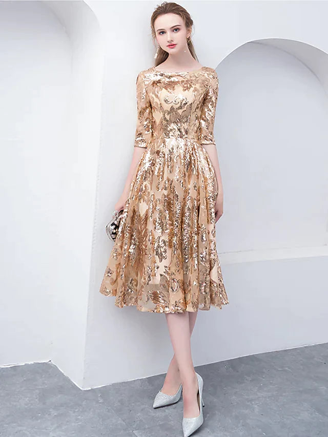 Full view of the A-line sequined dress, highlighting its flattering silhouette and tea length.