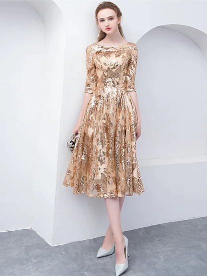 Full view of the A-line sequined dress, highlighting its flattering silhouette and tea length.