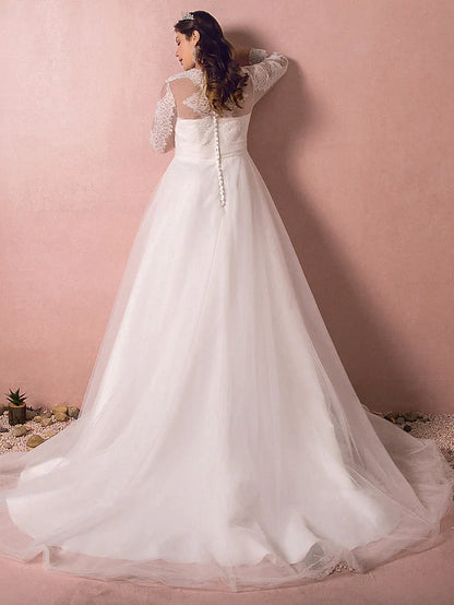 Back view of A-line wedding dress showing court train and lace details.