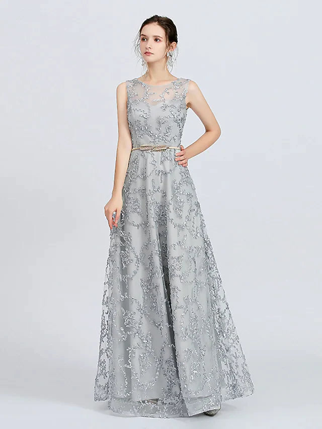 Elegant A-line jewel neck lace bridesmaid dress with sash ribbon appliques.