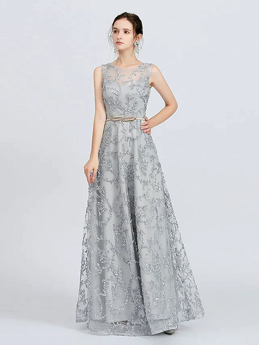 Elegant A-line jewel neck lace bridesmaid dress with sash ribbon appliques.