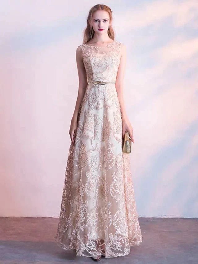 Model wearing a floor-length A-line lace bridesmaid dress.