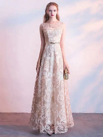 Model wearing a floor-length A-line lace bridesmaid dress.