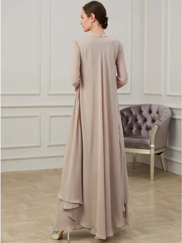 Side view of the A-Line Mother of the Bride gown, showing the flowing skirt and long sleeves.
