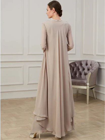 Side view of the A-Line Mother of the Bride gown, showing the flowing skirt and long sleeves.