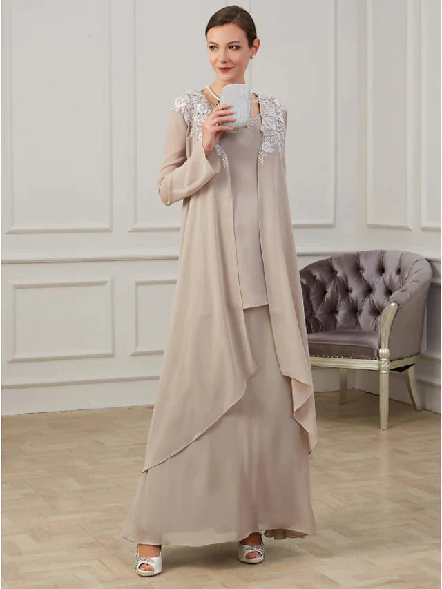 Back view of the floor-length Mother of the Bride dress, highlighting the appliques and elegant silhouette.