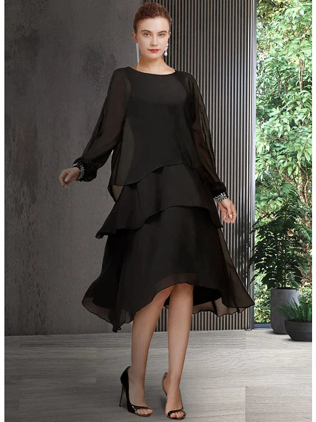 Elegant A-Line Mother of the Bride dress with jewel neck and long sleeves, featuring sequin tiers.