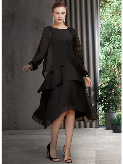 Elegant A-Line Mother of the Bride dress with jewel neck and long sleeves, featuring sequin tiers.