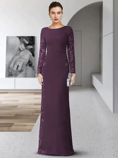 Elegant Mother of the Bride dress in chiffon lace with jewel neck and long sleeves.