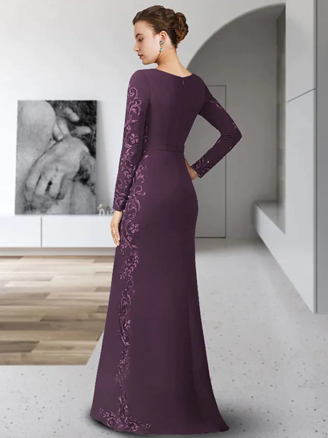 Back view of chiffon lace Mother of the Bride dress with appliques and sash.