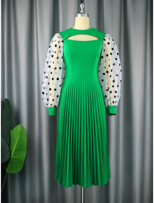 Elegant A-line tea-length chiffon dress with long sleeves and jewel neck, featuring cut-outs and pleats.