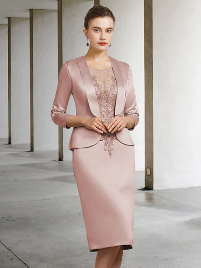 Elegant dark blue Mother of the Bride dress with jewel neck, long sleeves, and lace appliques.