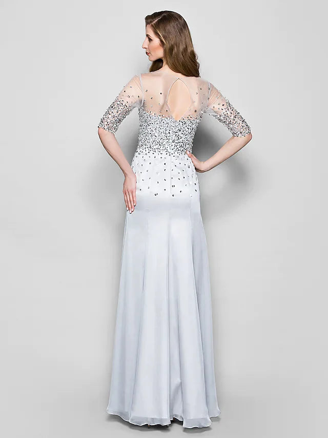 Close-up of the A-Line gown's jewel neckline and delicate half sleeves.