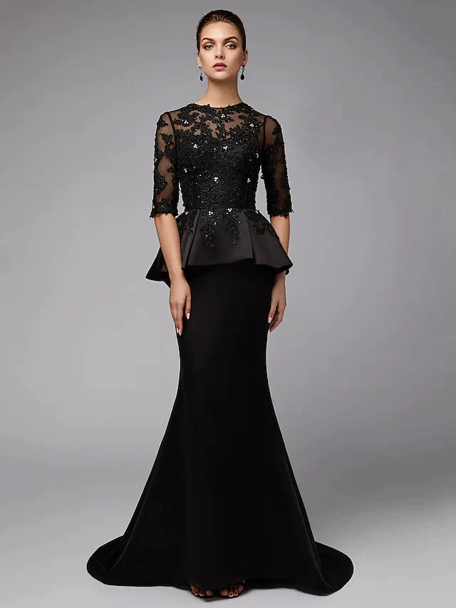 Elegant Mother of the Bride A-line gown with jewel neck, lace half sleeves, and satin skirt.
