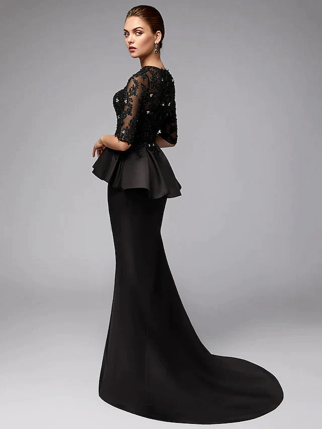 Side view of the A-line Mother of the Bride dress, highlighting the flowing satin skirt.