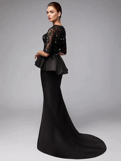 Side view of the A-line Mother of the Bride dress, highlighting the flowing satin skirt.