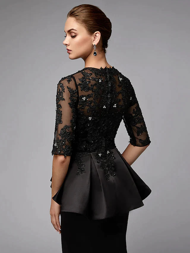 Model wearing the elegant A-line Mother of the Bride dress in a graceful pose.