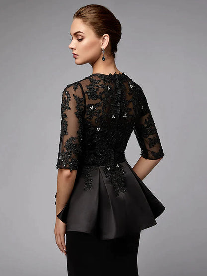 Model wearing the elegant A-line Mother of the Bride dress in a graceful pose.