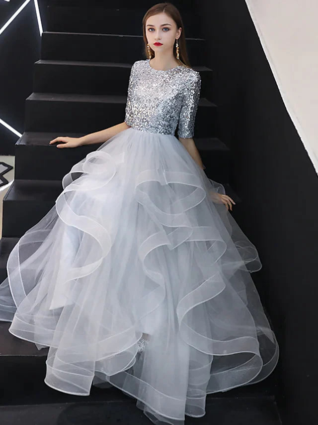 Elegant A-line jewel neck floor-length bridesmaid dress with sequin tulle.