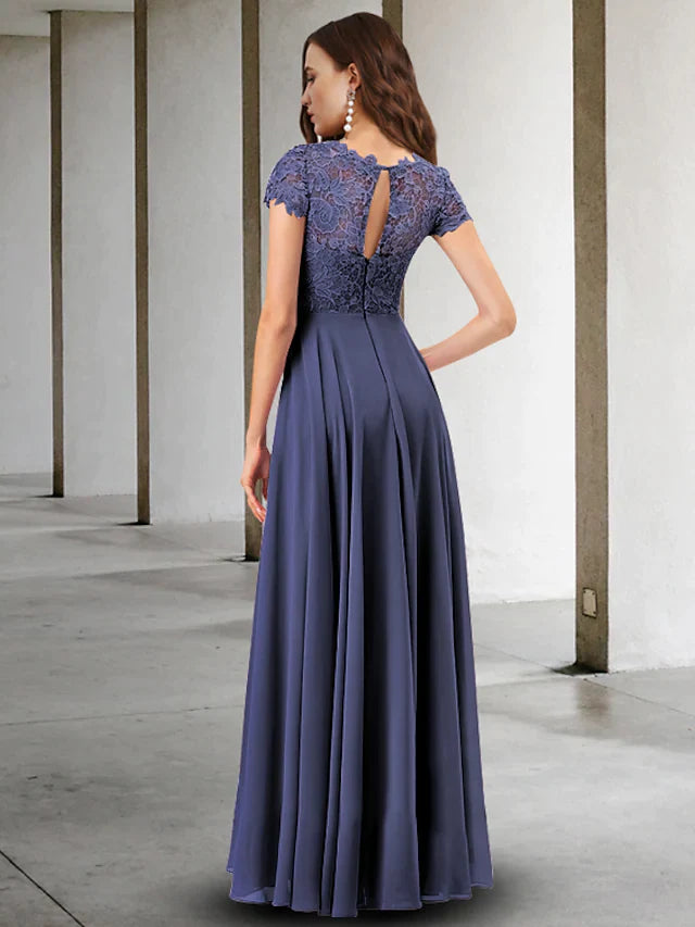 Side view of an A-Line Mother of the Bride dress, showcasing chiffon lace, pleats, and appliques.