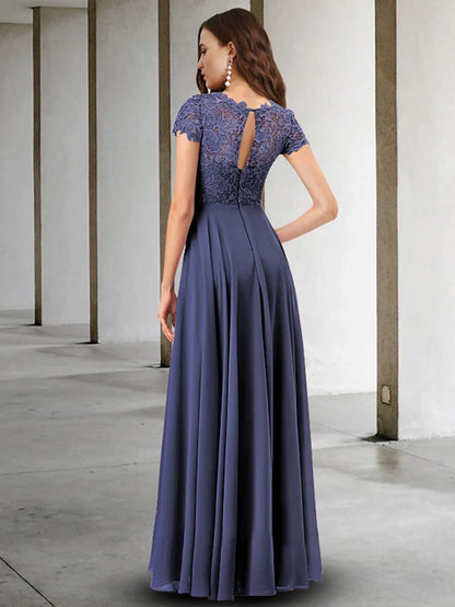 Side view of an A-Line Mother of the Bride dress, showcasing chiffon lace, pleats, and appliques.