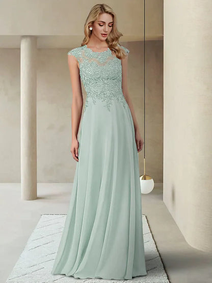 Elegant Mother of the Bride dress with jewel neck, short sleeves, and lace appliques.