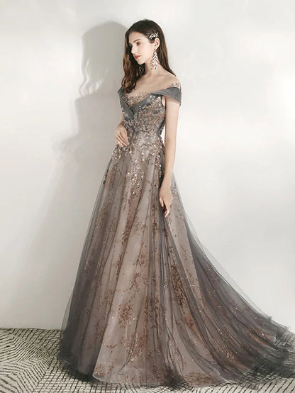 Elegant A-Line bridesmaid dress with jewel neck and short sleeves.
