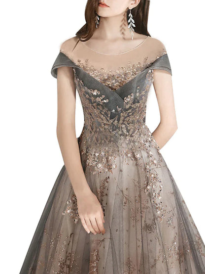 Side profile of floor-length A-Line bridesmaid gown.