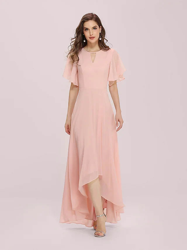 Model in a light blue A-line jewel neck chiffon bridesmaid dress with an asymmetrical high-low hem, front view.