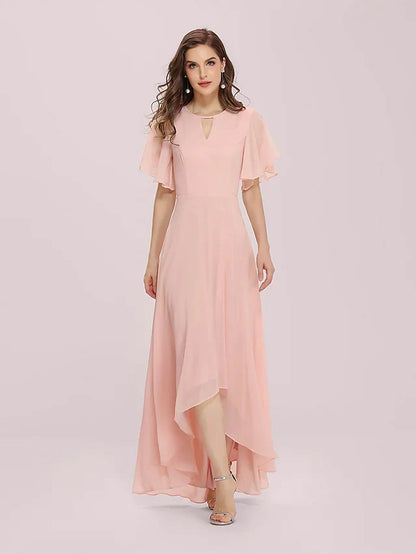 Model in a light blue A-line jewel neck chiffon bridesmaid dress with an asymmetrical high-low hem, front view.