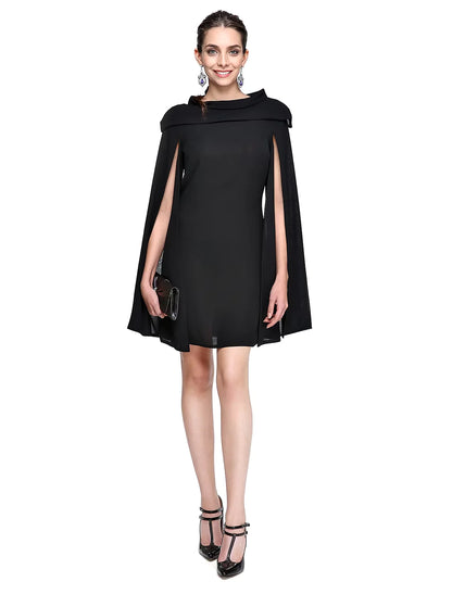 Model wearing an elegant A-line black mini dress with a jewel neck and pleats.