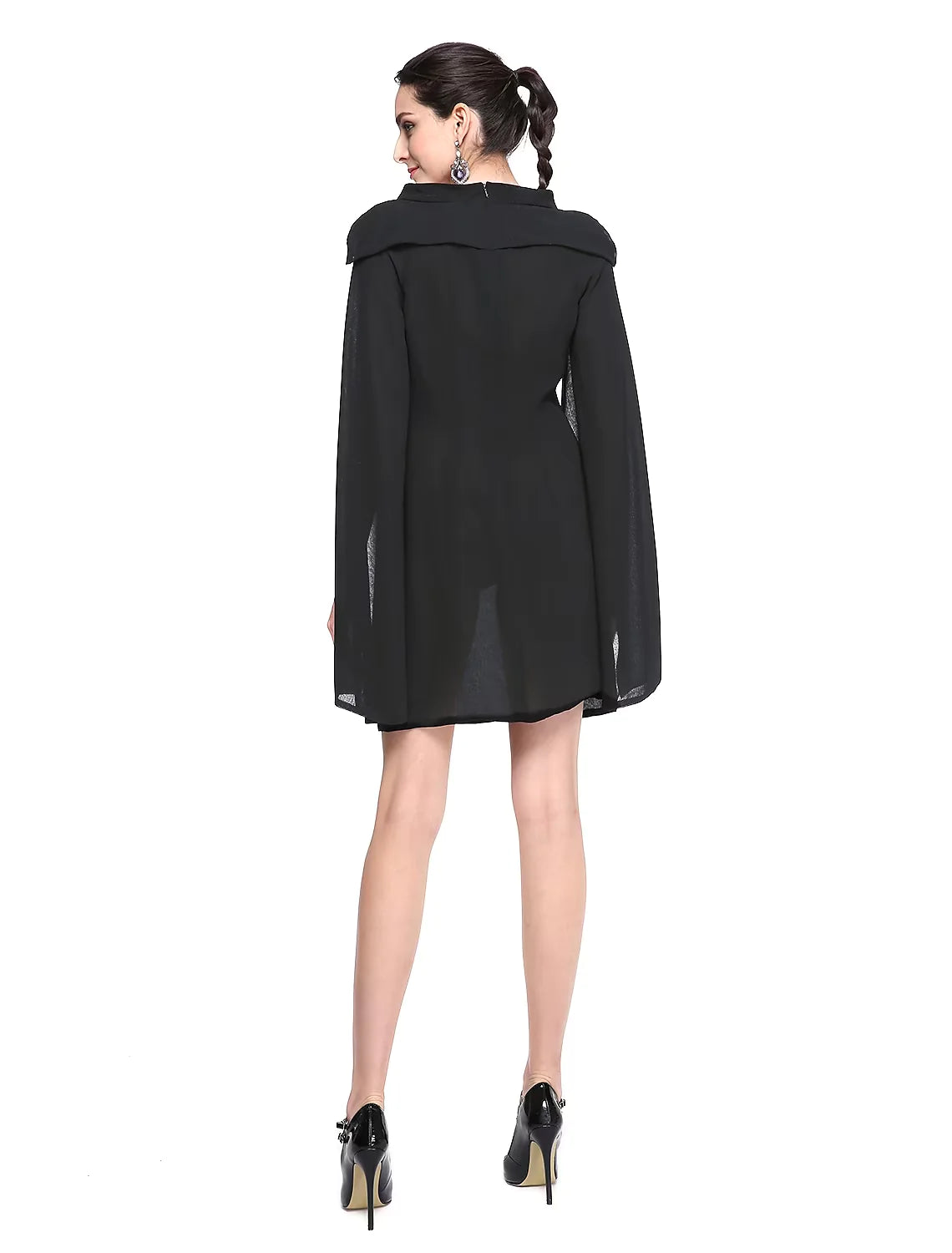 Side view of the sleeveless A-line black chiffon dress.