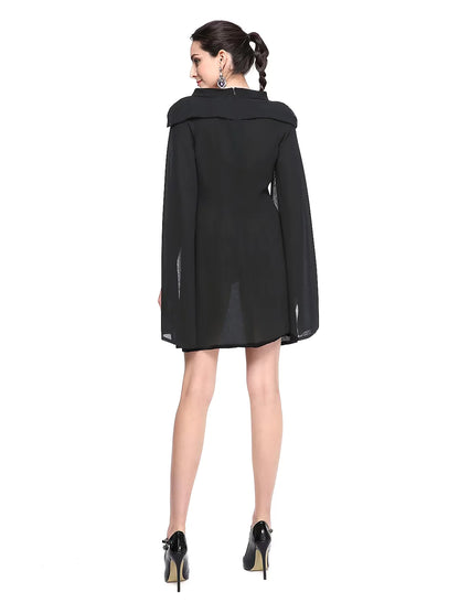 Side view of the sleeveless A-line black chiffon dress.