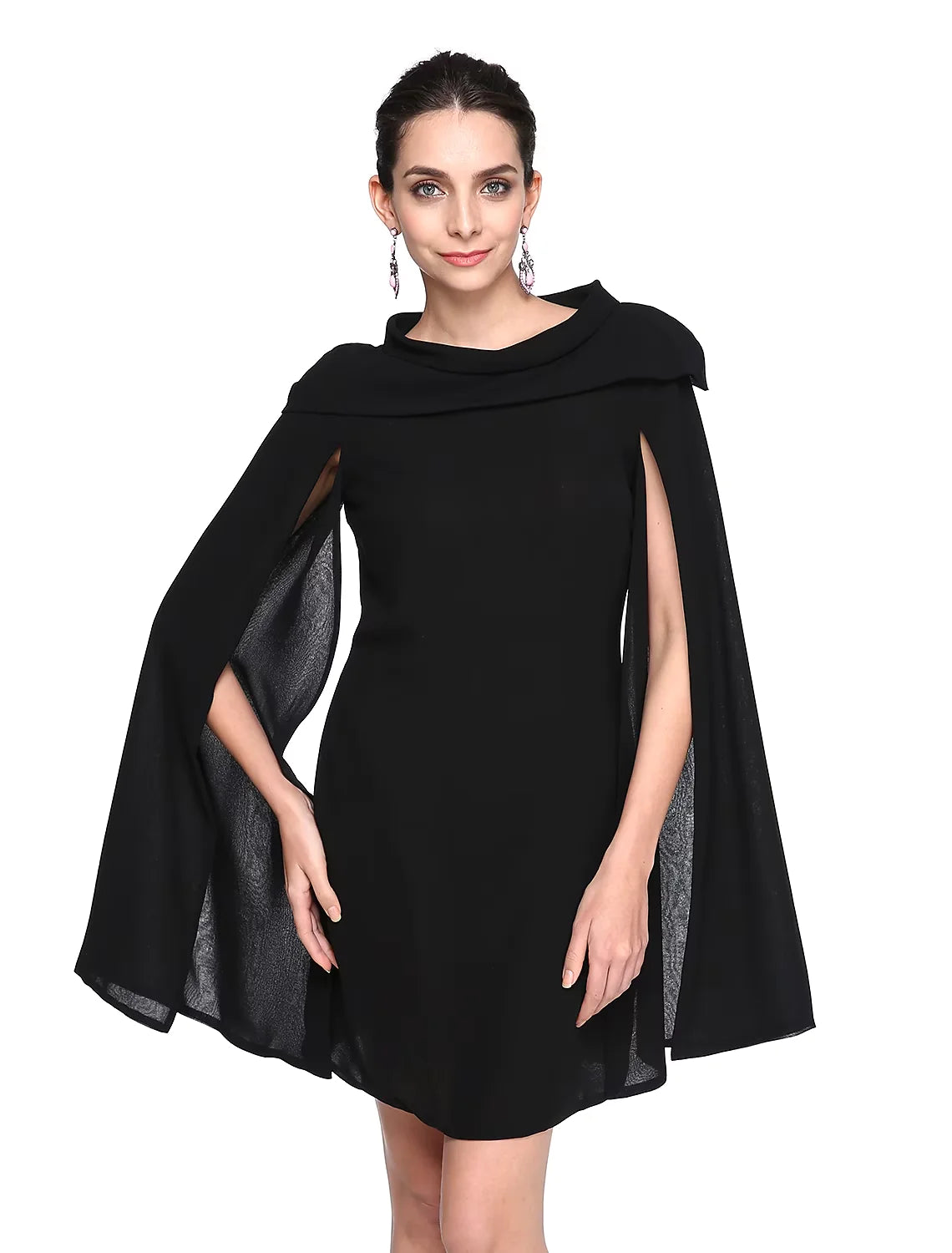 Back view of the pleated black mini dress, showcasing the skirt detail.