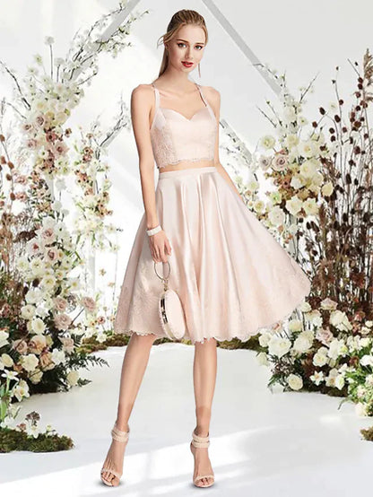 Full length view of the elegant A-line mini dress with a jewel neckline.
