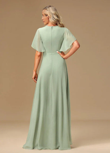 Elegant A-Line Keyhole Neck Flutter Sleeve Chiffon High-Low Maxi Evening Dress