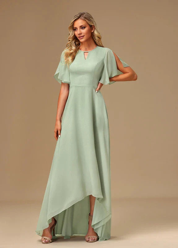 Elegant A-Line Keyhole Neck Flutter Sleeve Chiffon High-Low Maxi Evening Dress