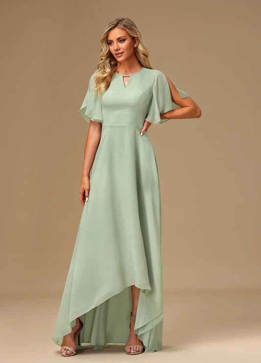 Elegant A-Line Keyhole Neck Flutter Sleeve Chiffon High-Low Maxi Evening Dress