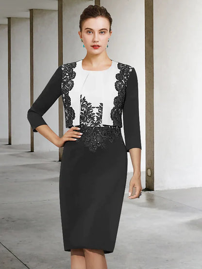 Elegant A-line Mother of the Bride dress with jewel neck, half sleeves, and lace appliques.