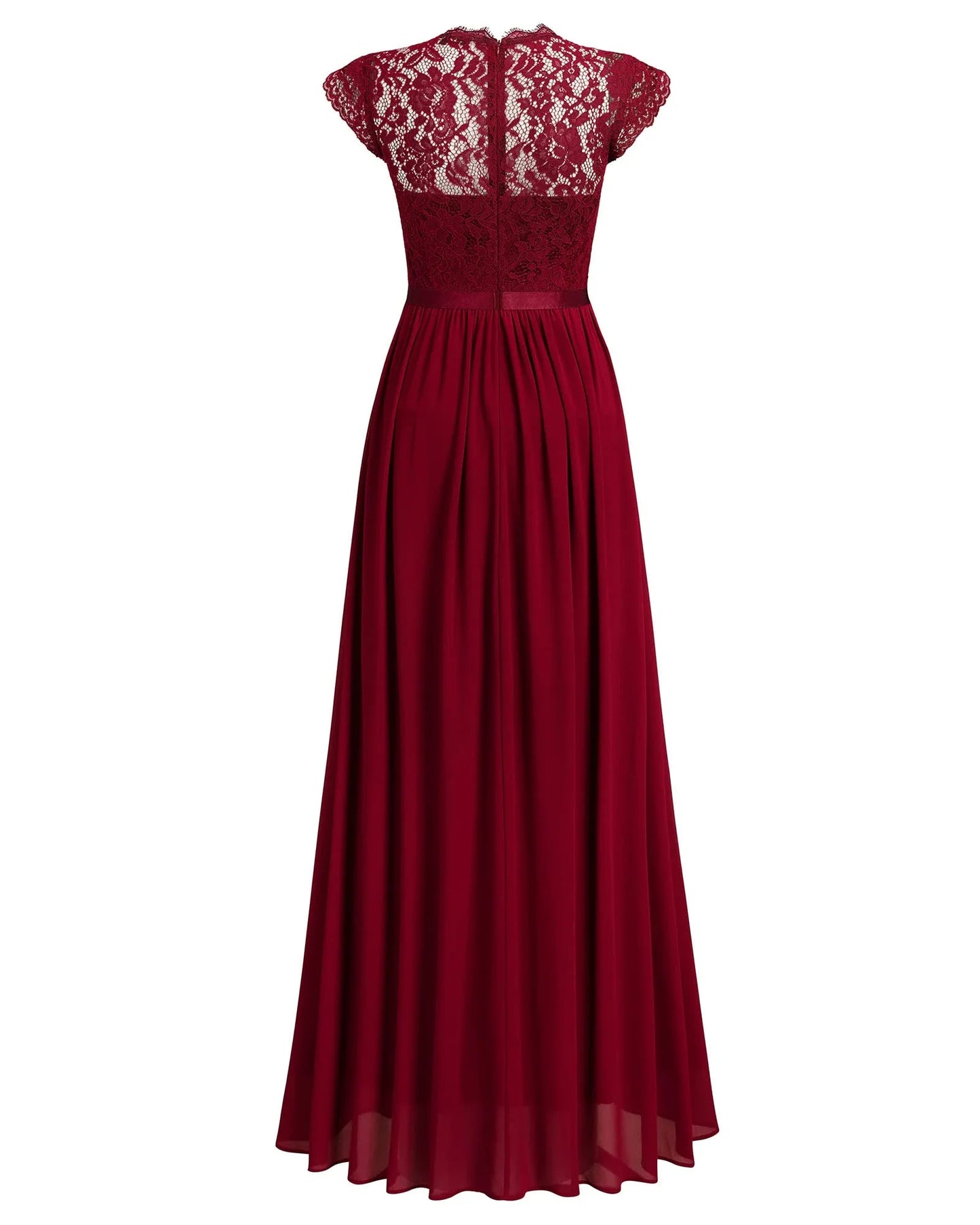 Elegant A-Line Lace-Embellished Crew Neck Cap Sleeve Zip Back Maxi Evening Dress