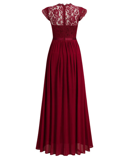 Elegant A-Line Lace-Embellished Crew Neck Cap Sleeve Zip Back Maxi Evening Dress